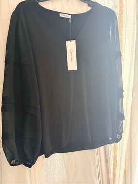 Calvin Klein Black V-Neck Layered-Sleeve Blouse